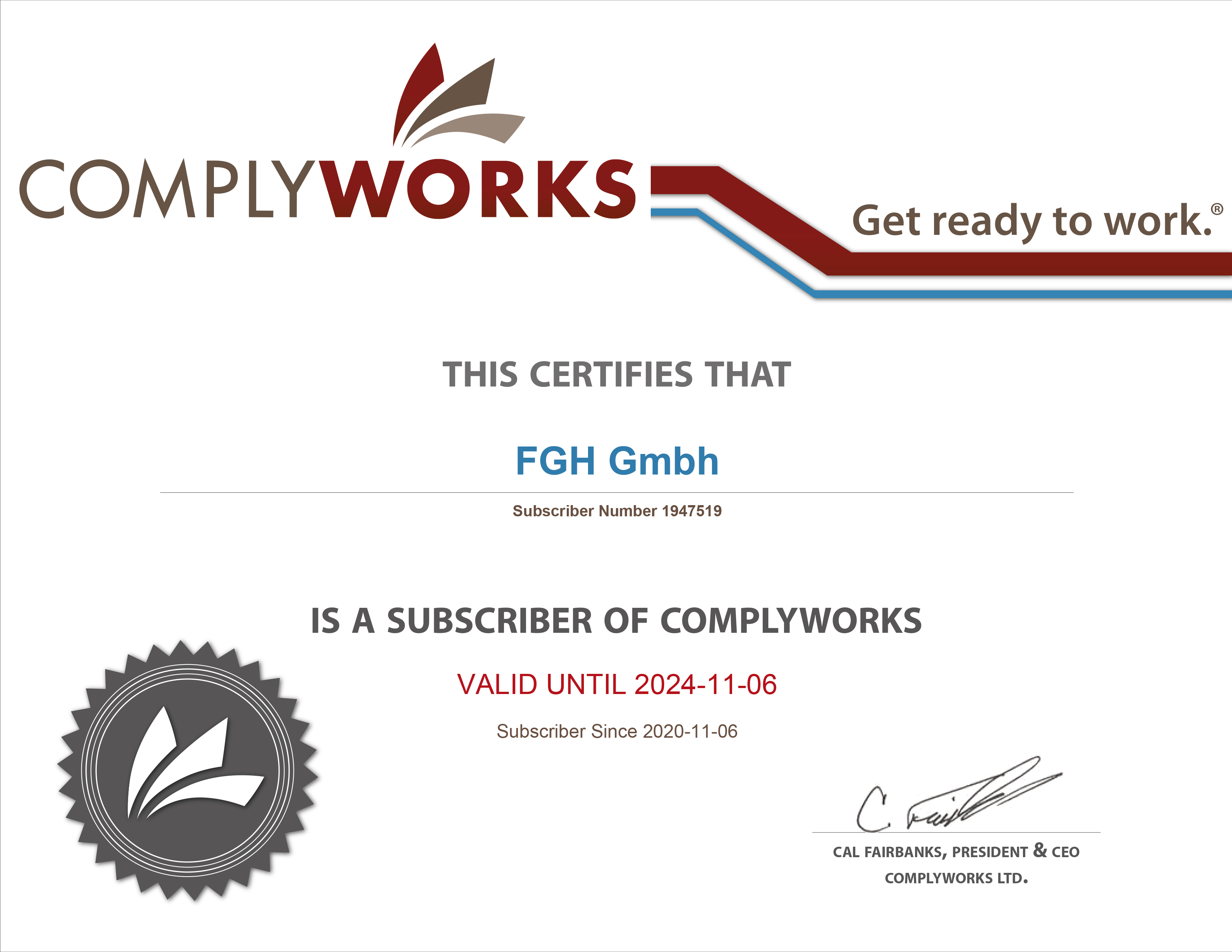 Abbildung unseres Zertifikates der Firma Complyworks